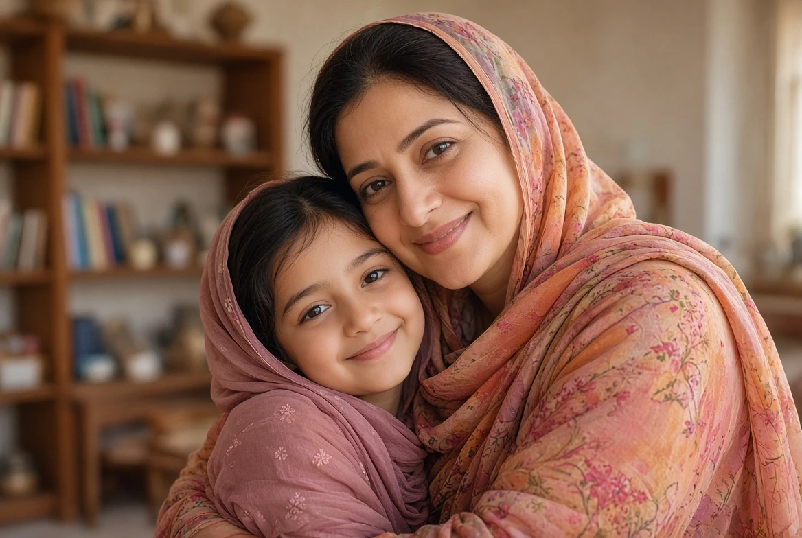 Illustrative Pakistani woman and child sharing a reading moment