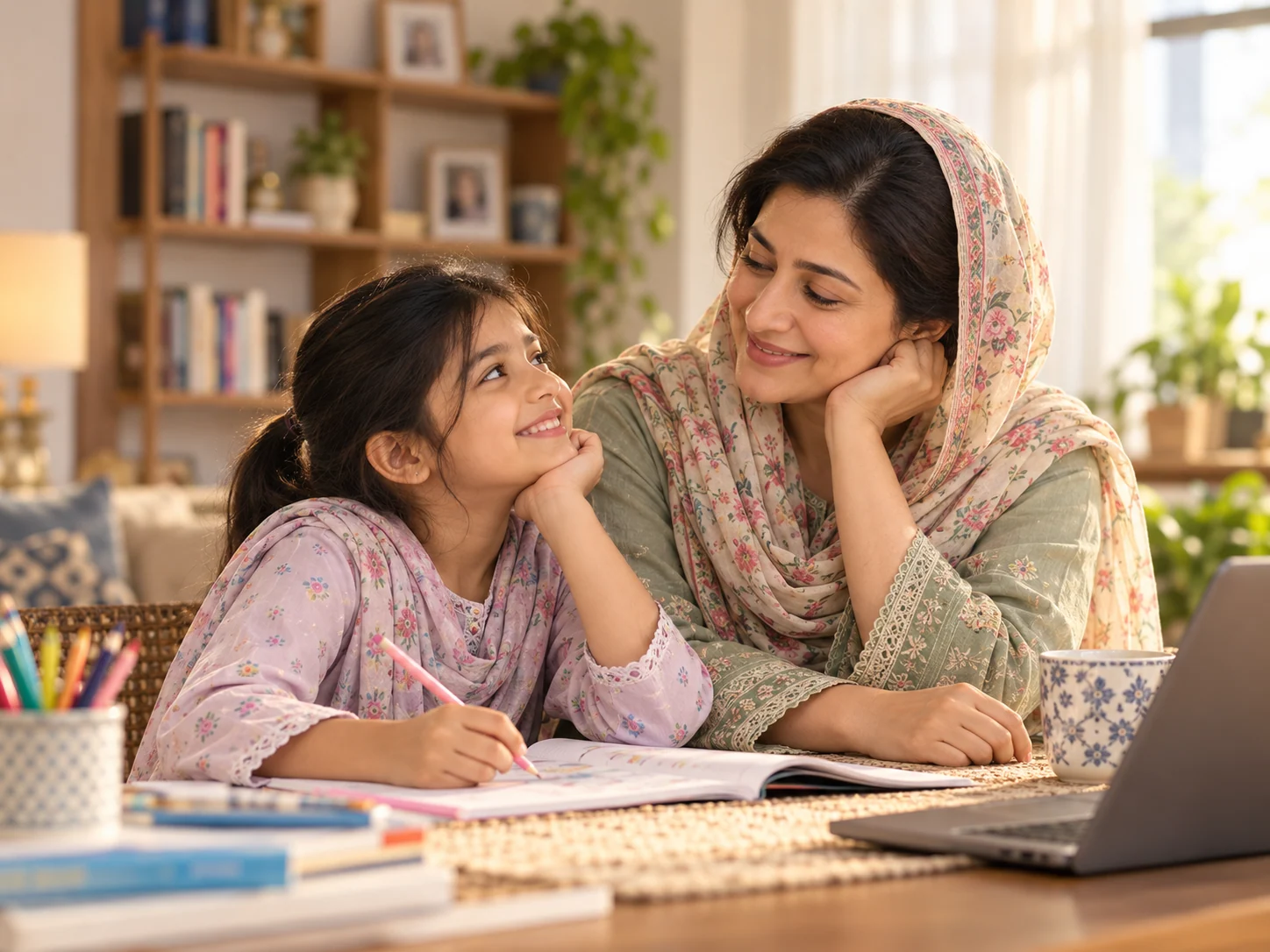 Illustrative Pakistani mother and child learning together